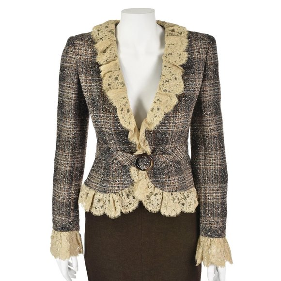 VALENTINO Brown & Black Tweed Jacket with Guipure Lace Trim & Attached Belt SZ4